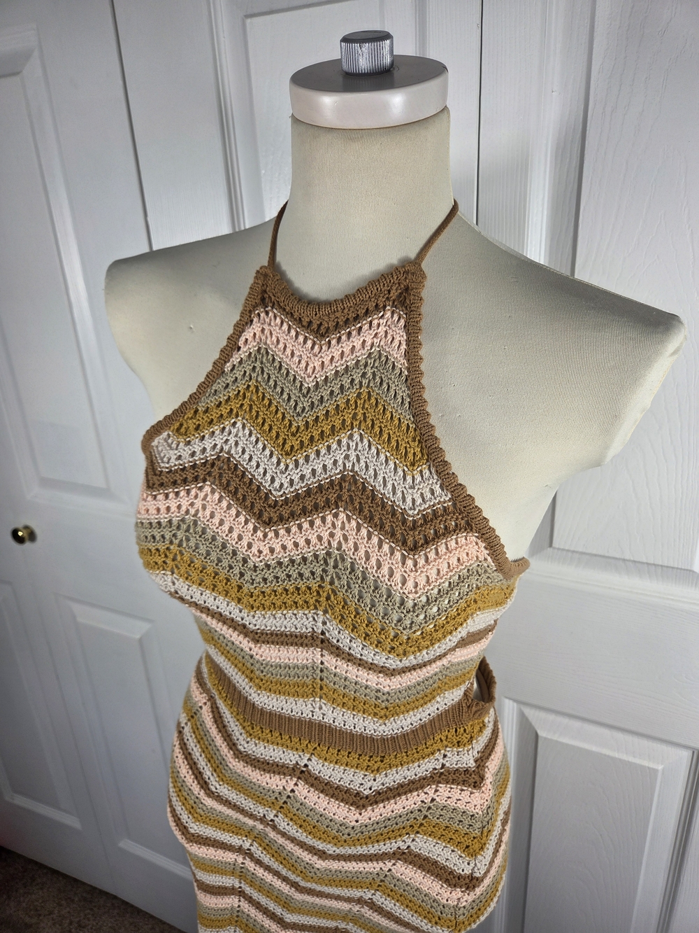 Lush Crochet Knit Halter Maxi Dress Boho Chevron Open Back Small - Picture 2 of 7
